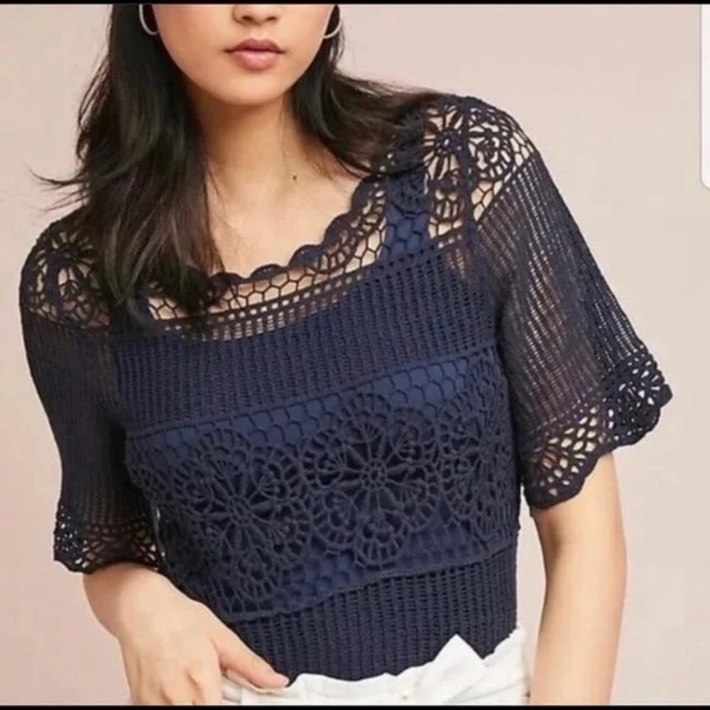 Navy Crochet Lace Top